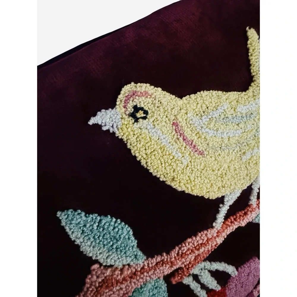 VTG Velvet Folk Art Pillow Punch Needle Embroidered Cherries Bird Cottagecore